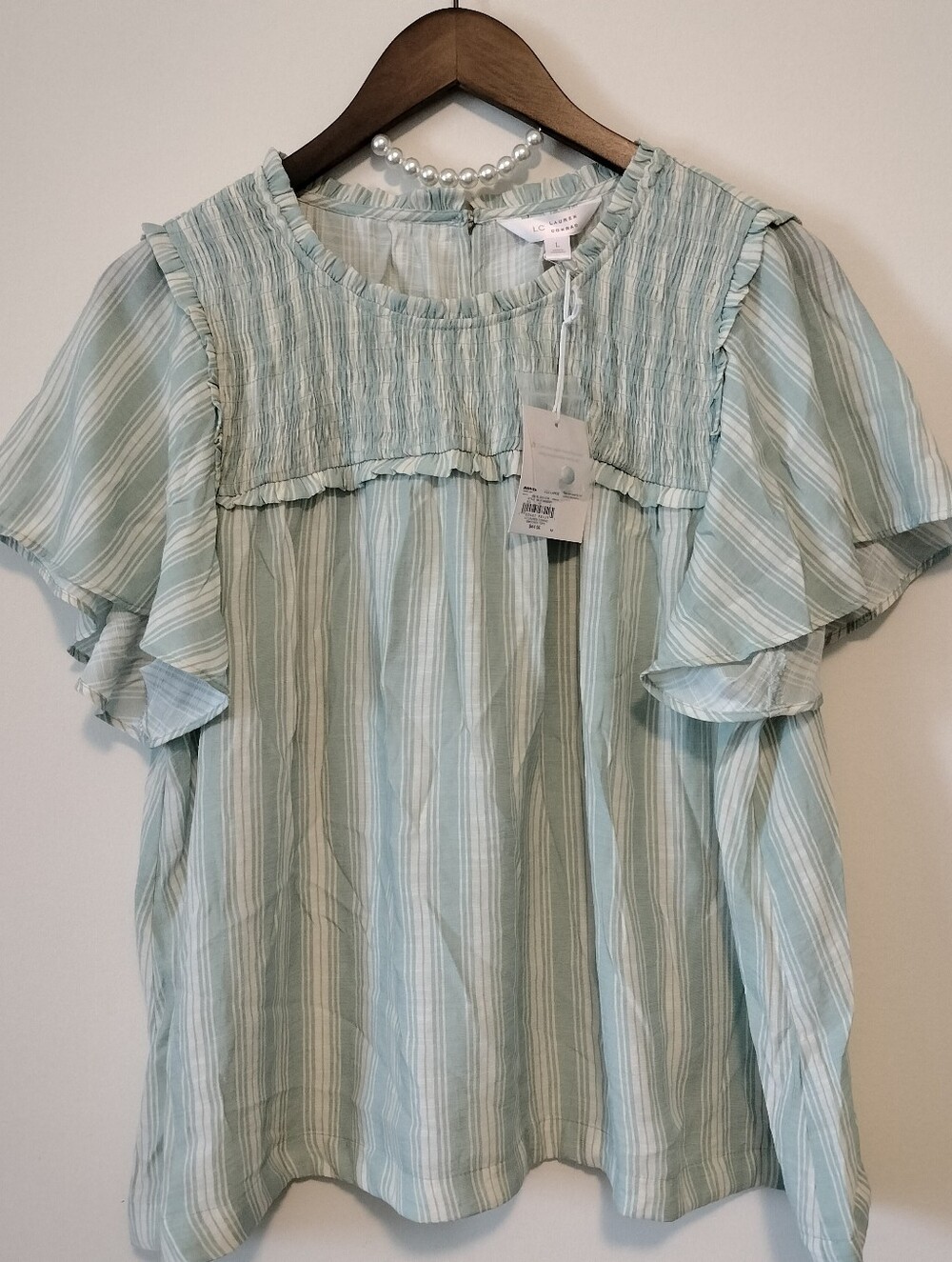 NWT LC Lauren Conrad Mint Green Striped Smocked Yoke Ruffle Sleeve Blouse - Picture 1 of 9